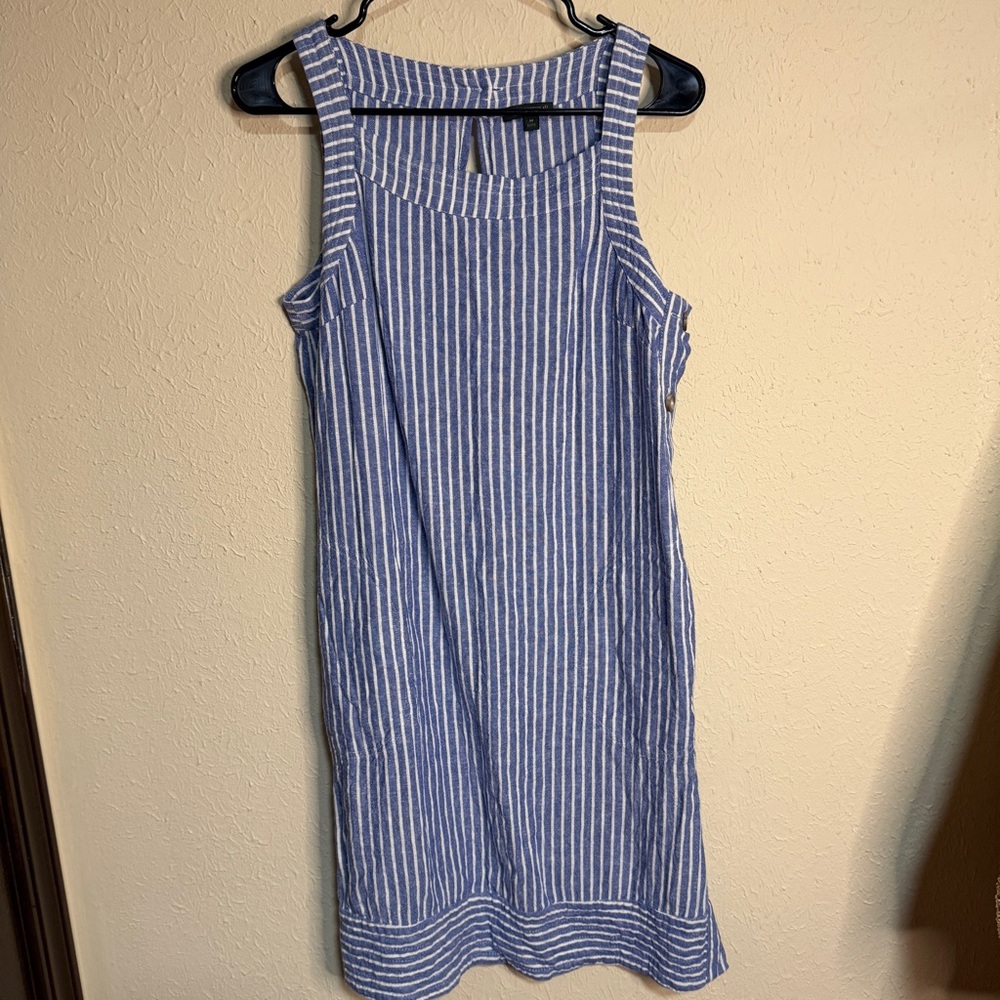For Cynthia Blue and White Striped Mini Linen Blend Dress with Button Down Side